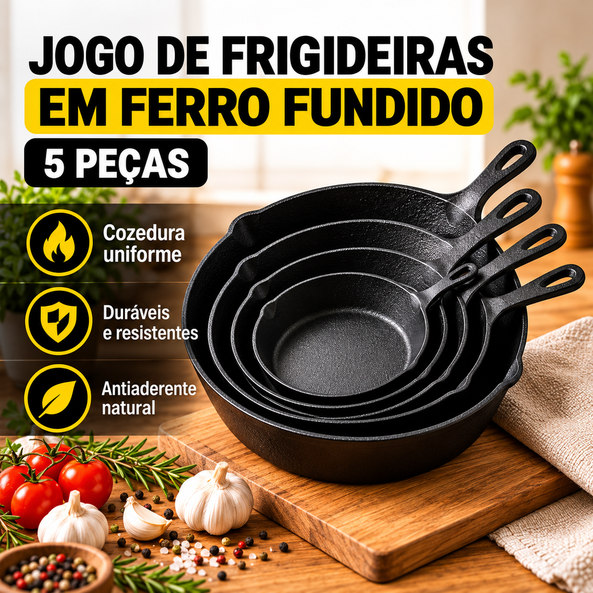 Jogo de 5 Frigideiras em Ferro Fundido