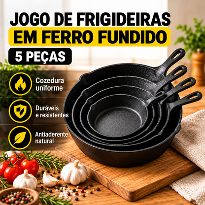 Jogo de 5 Frigideiras em Ferro Fundido