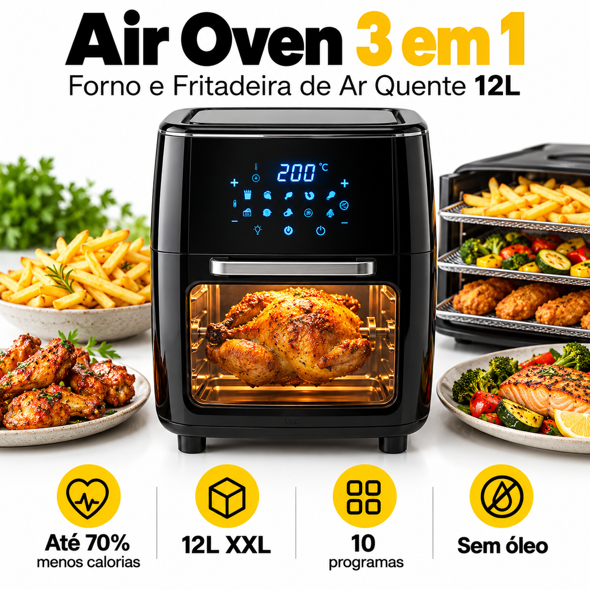 Air Oven 3 em 1 — Forno e Fritadeira de Ar Quente de 12 Litros